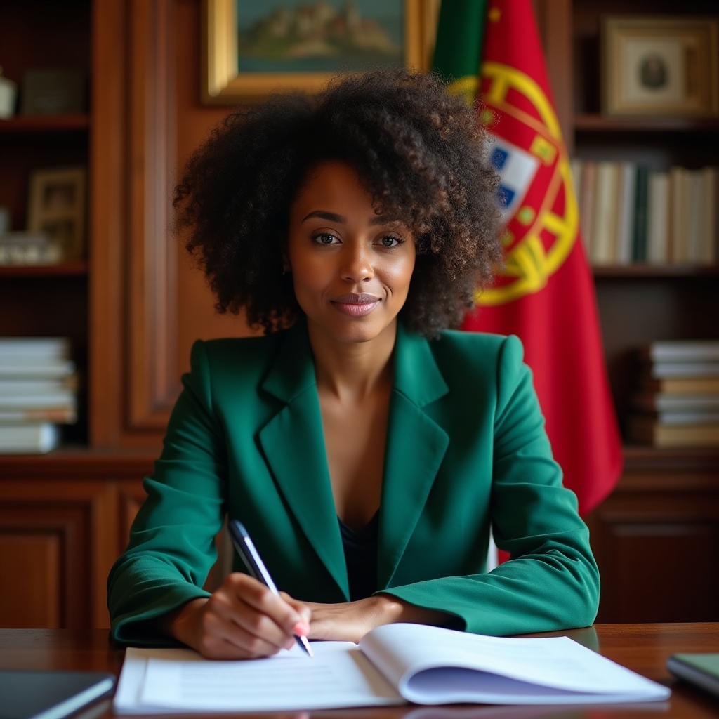 Professional reviewing residency paperwork in a Lisbon office