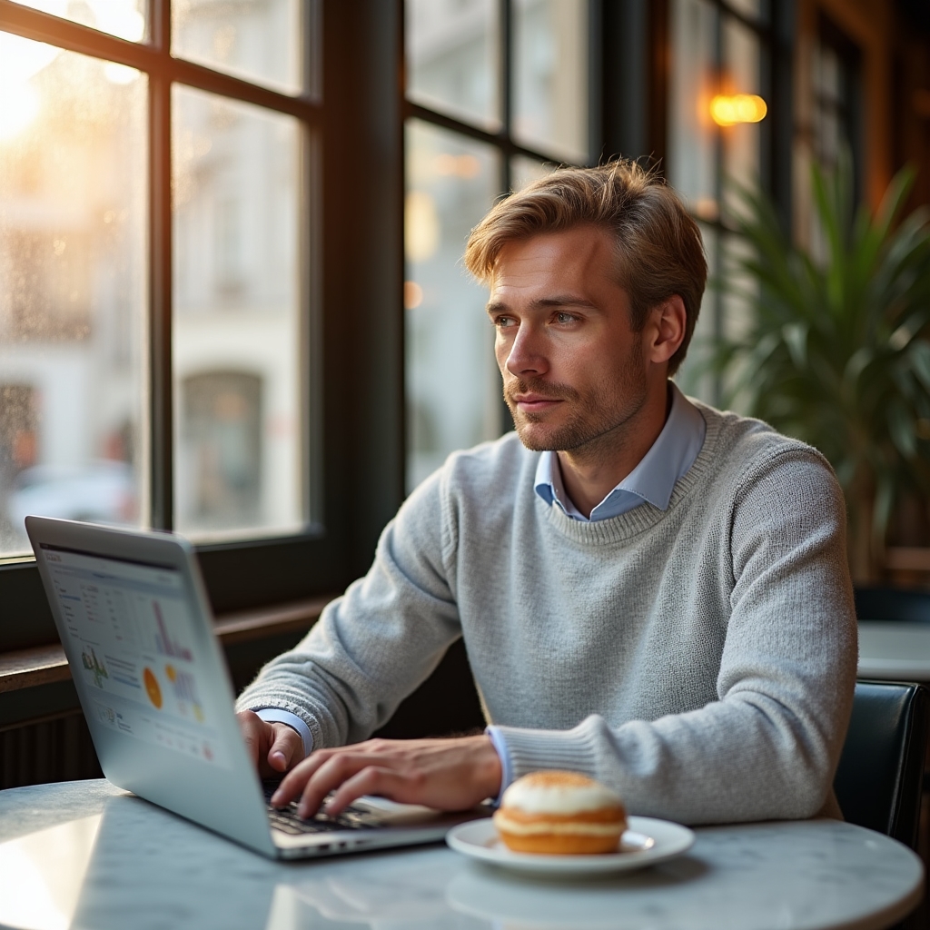 Remote worker managing international payments on laptop in cafe